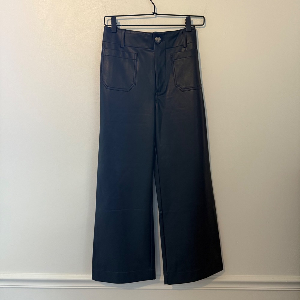 Maeve The Colette Faux Leather Wide Leg Cropped Pants Black 25 NWT